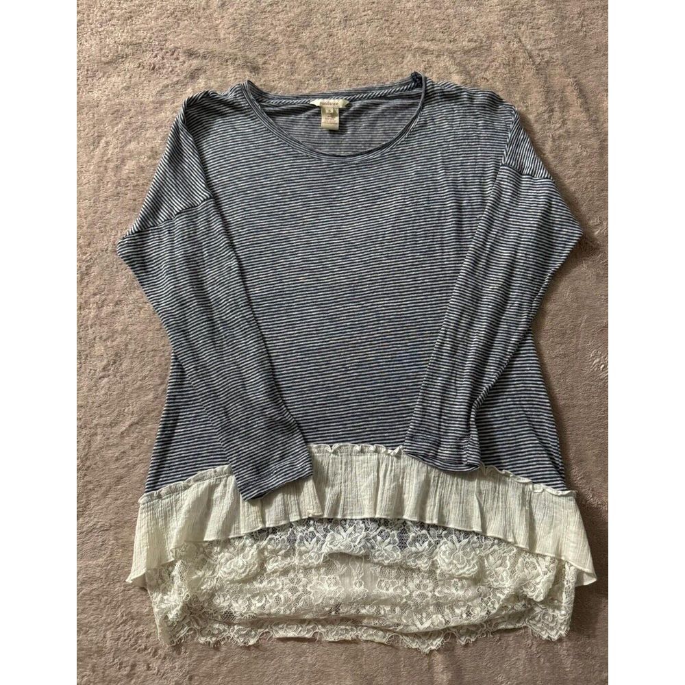 Sundance‎ Womens Linen Blend Blouse Top Hi-Lo Lace/Ruffle Hem Long Sleeve Sz S